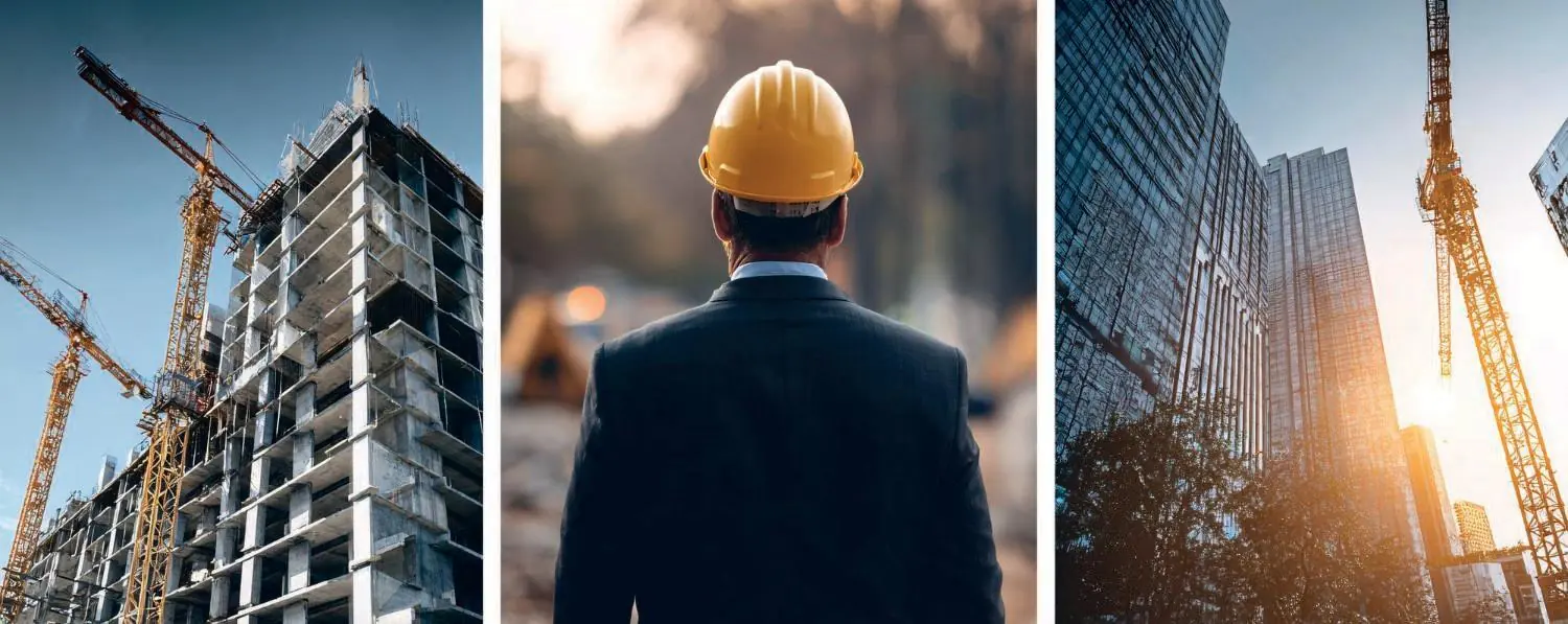 A collage of construction professionals and active project sites